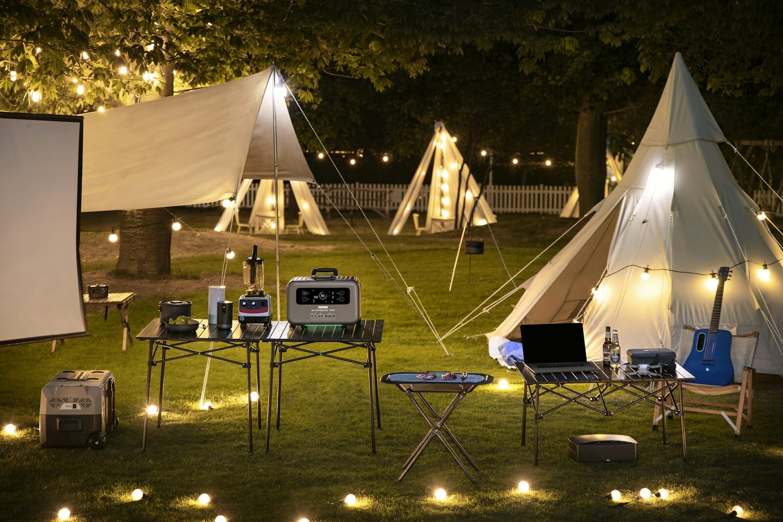 Weekend camping power stations in a pine forest camp setting