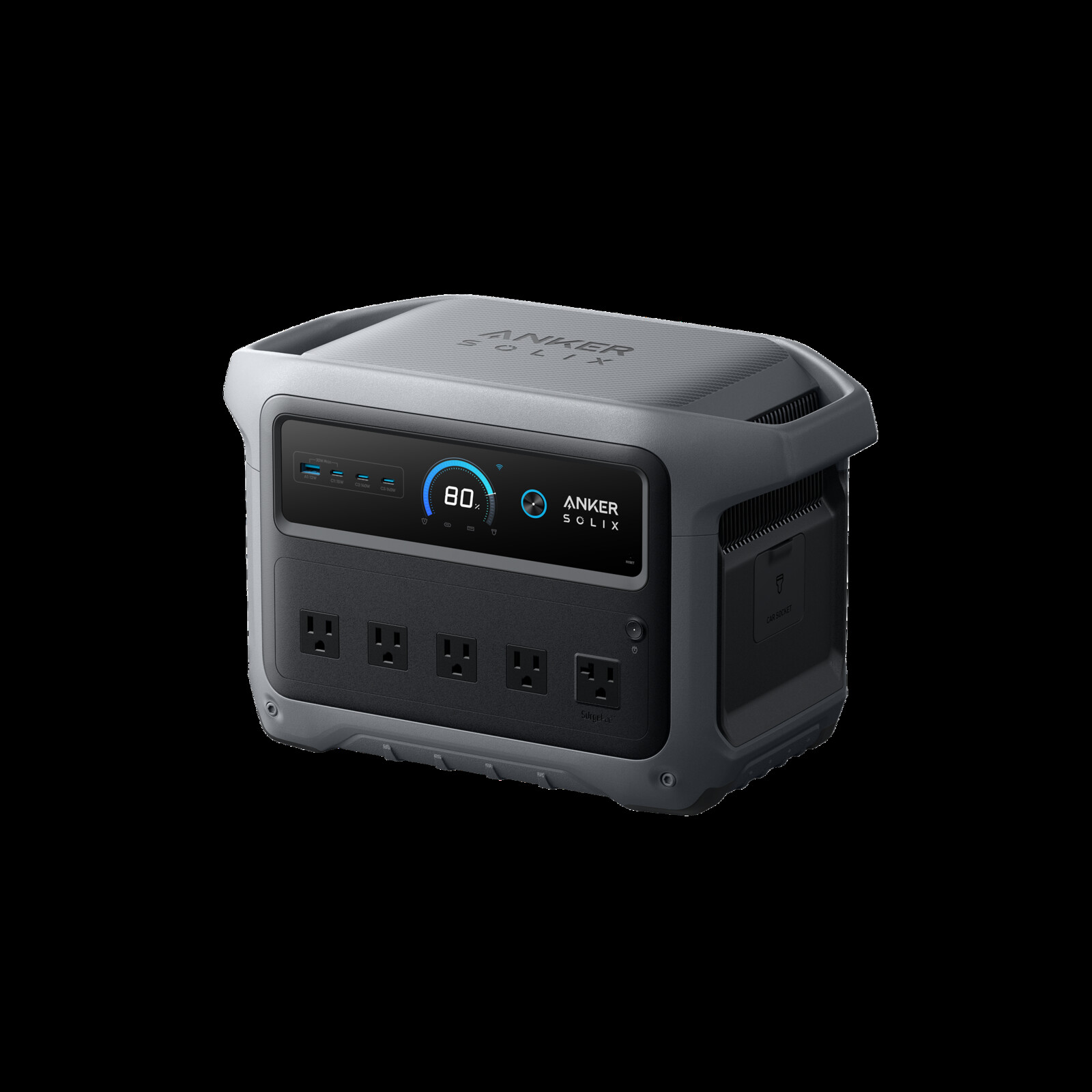 Anker SOLIX C1000 Gen 2 portable power station, front three-quarter view showing LCD and AC outlets