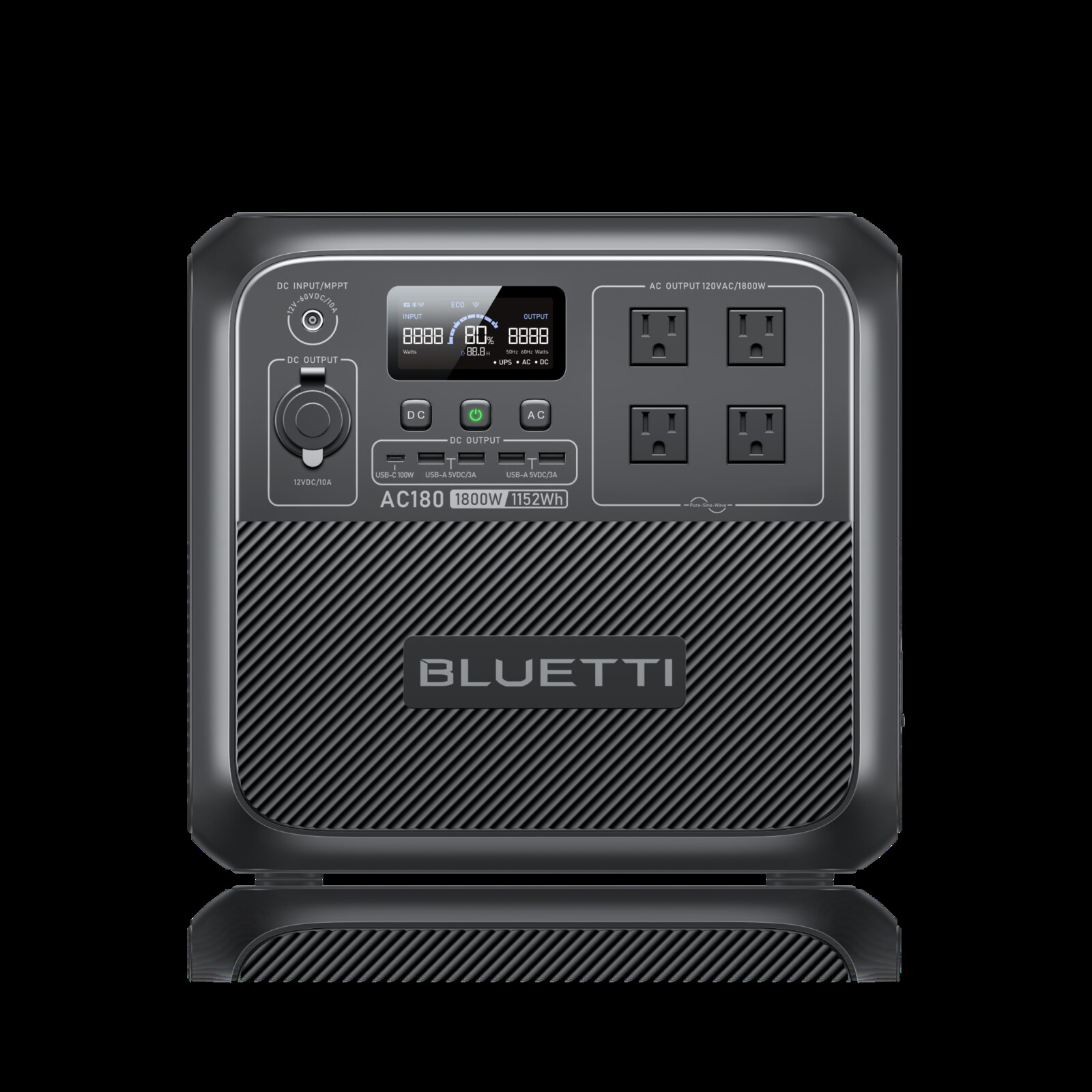 BLUETTI AC180 portable power station (1800W / 1152Wh) front view with four AC outlets
