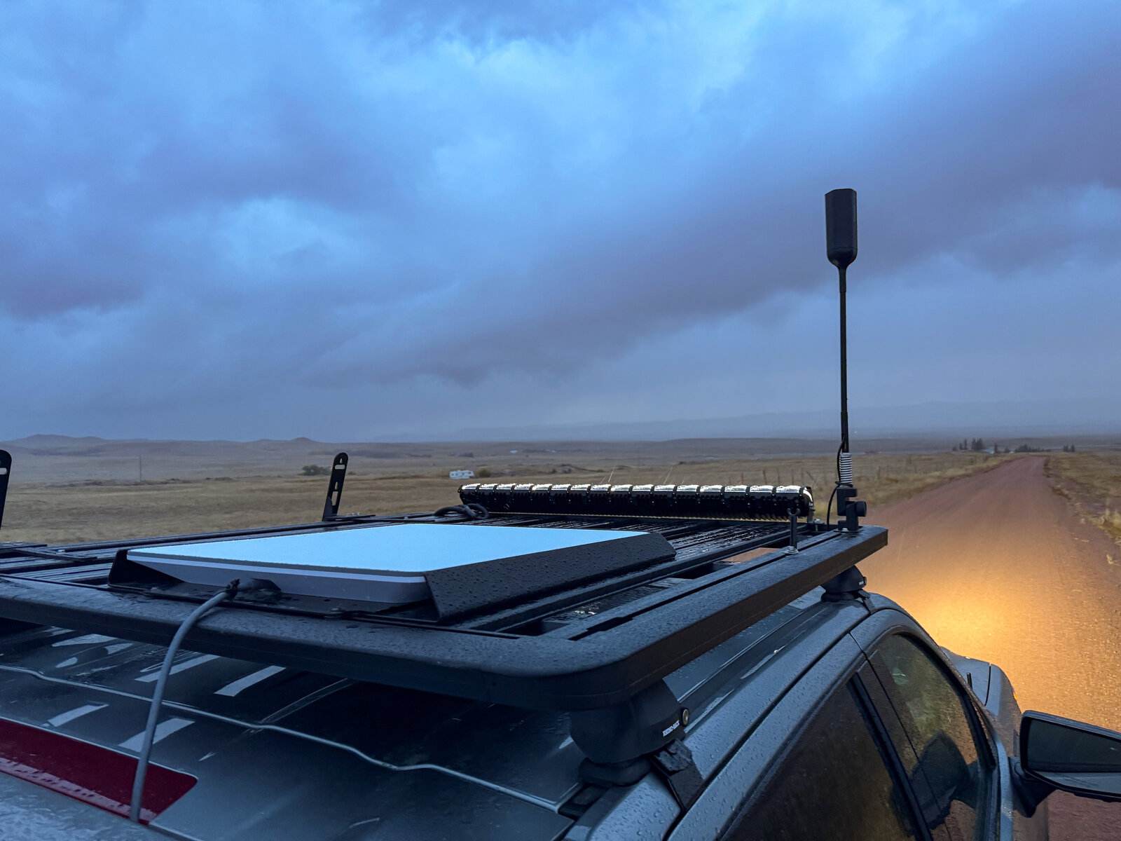 Starlink flat panel dish on a truck roof for portable power runtime