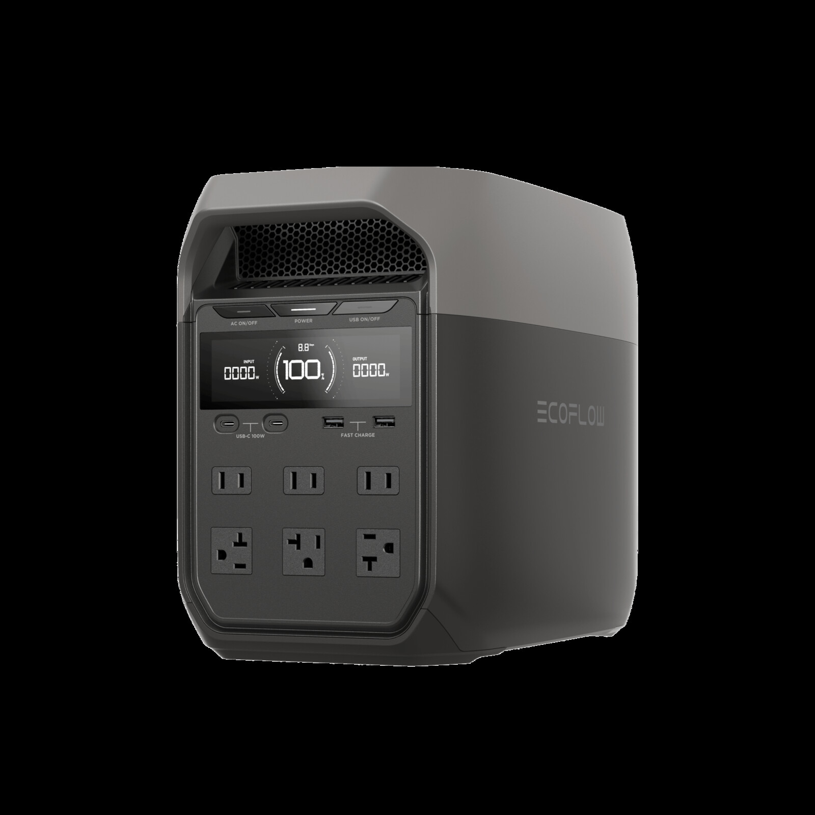 EcoFlow DELTA 3 portable power station front three-quarter view with six AC outlets