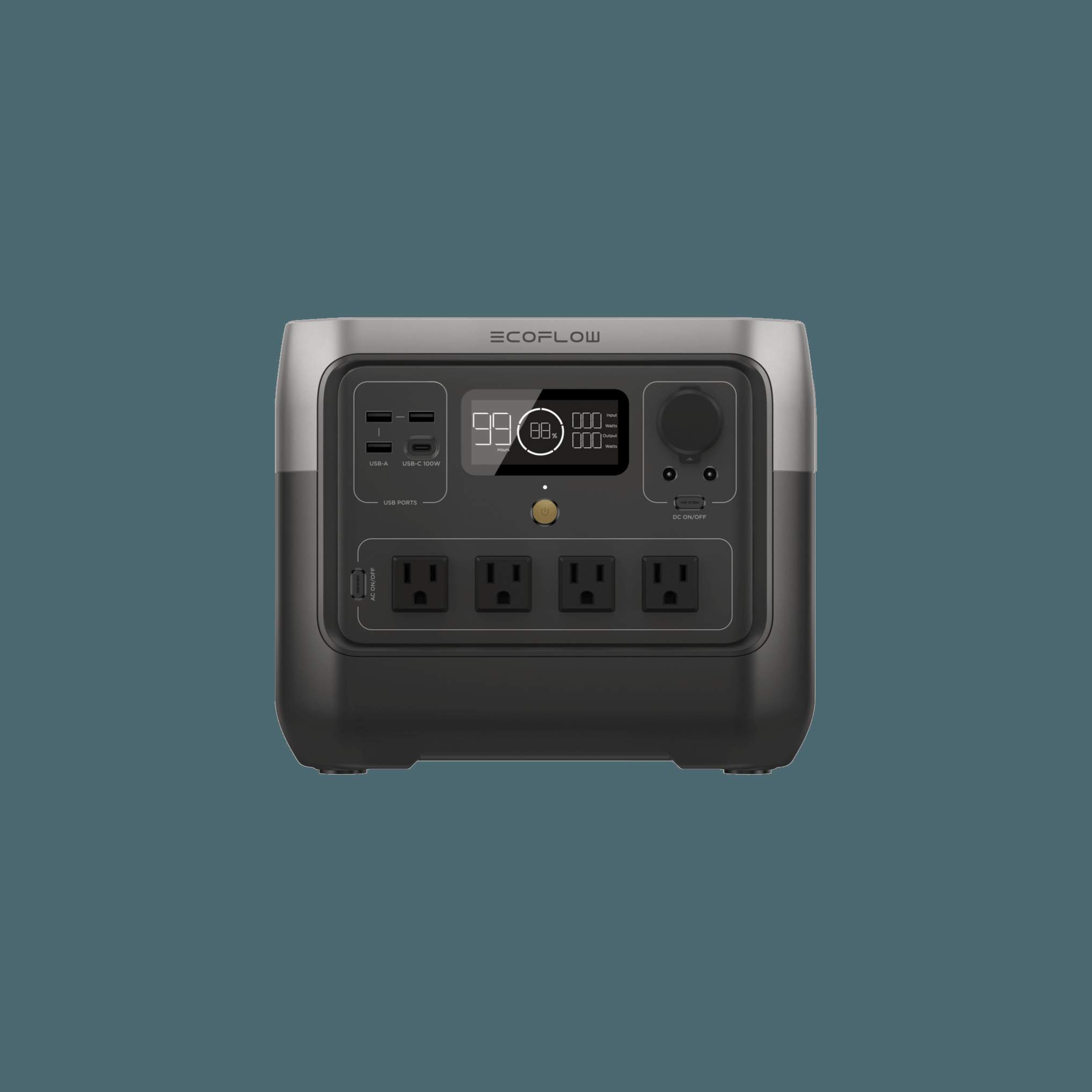 EcoFlow RIVER 2 Pro portable power station with four AC outlets and yellow power button