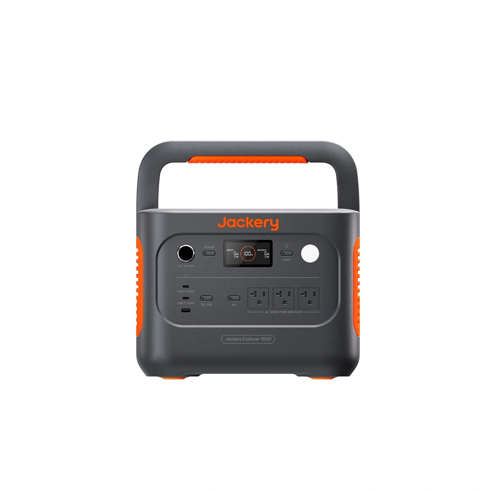 Jackery Explorer 1000 v2 portable power station on white background with orange accents and three AC outlets